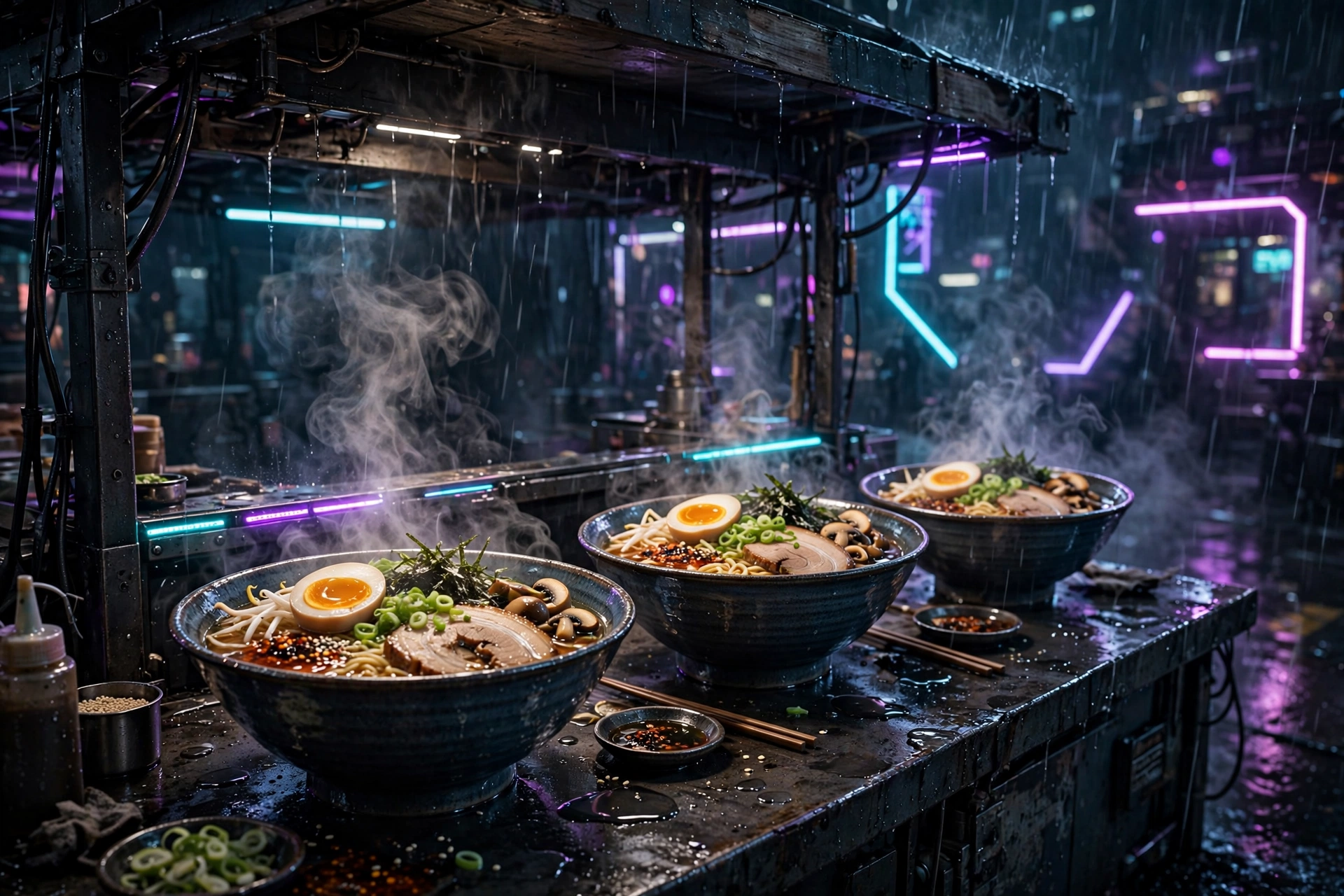 AI-generated cyberpunk street food stall at night in the rain with glowing neon signs
