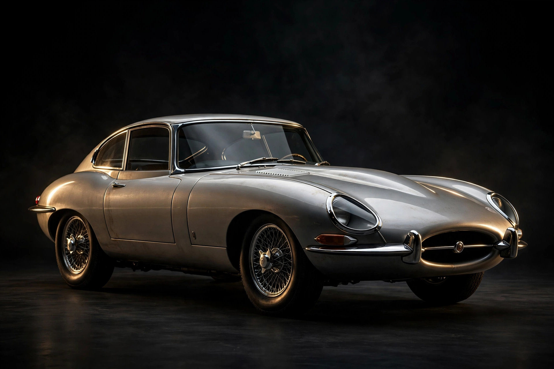 AI-generated vintage classic car in a dark studio with dramatic rim light