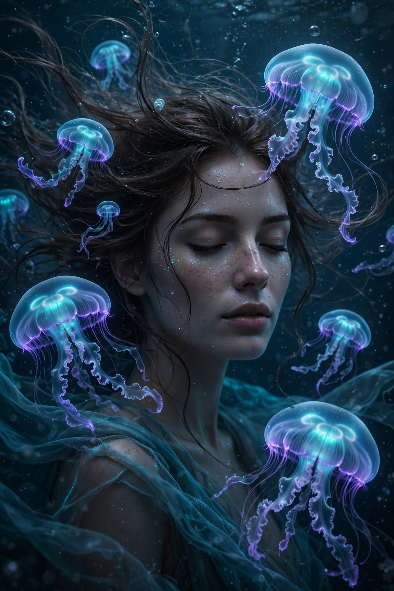 AI-generated ethereal portrait surrounded by glowing bioluminescent jellyfish