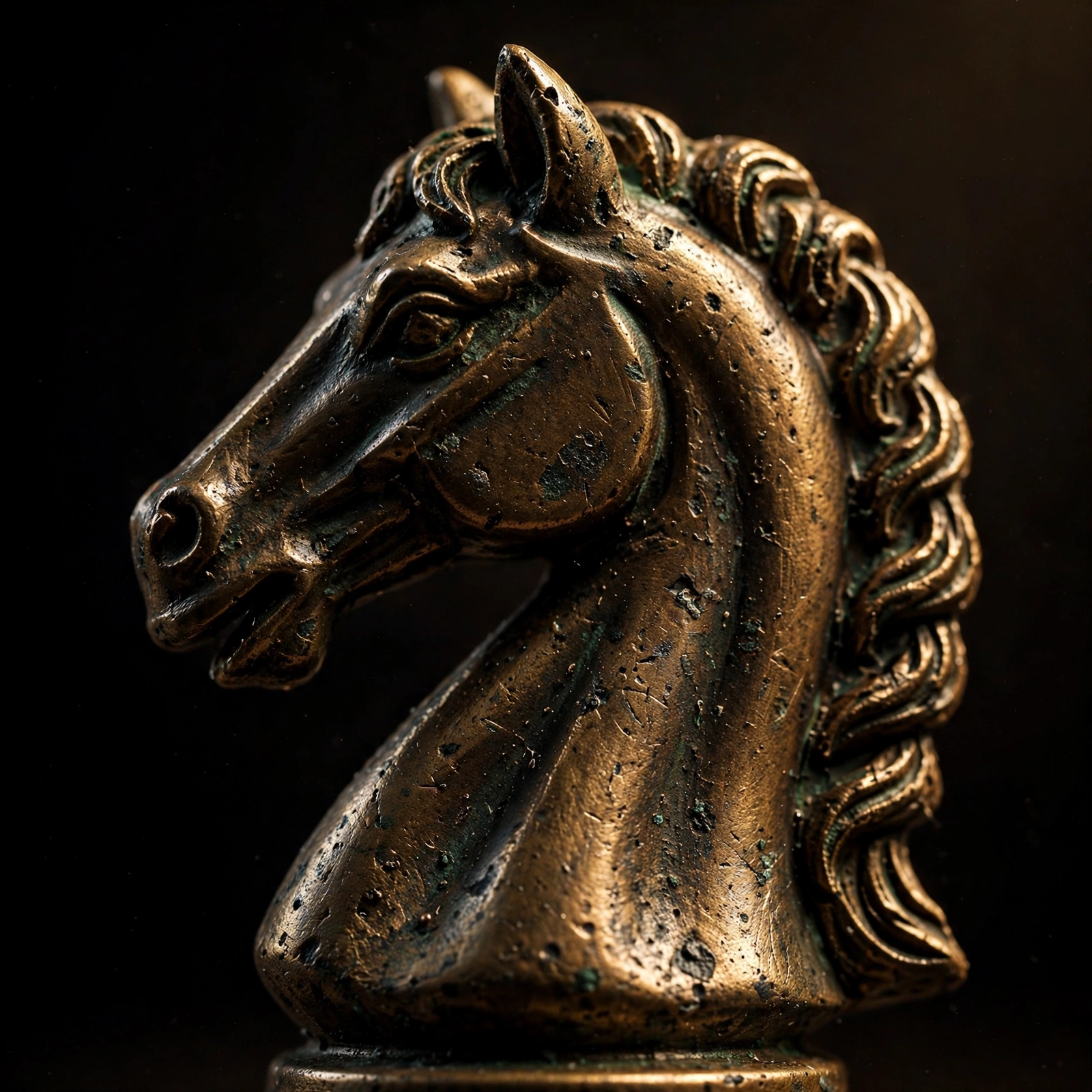 AI-generated extreme macro of a bronze chess knight in dramatic light