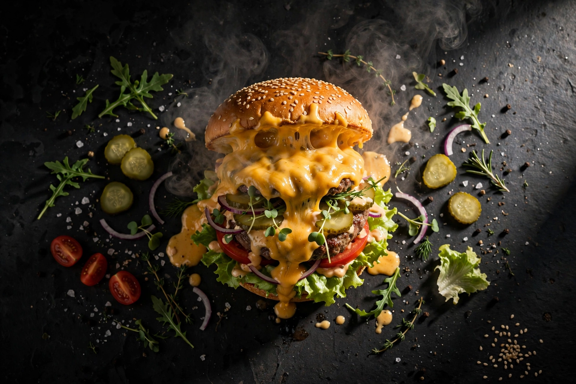 Burger, dramatic side light — AI-generated example