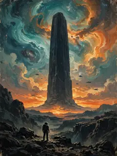 AI-generated 1980s movie poster of a lone astronaut before a colossal alien monolith