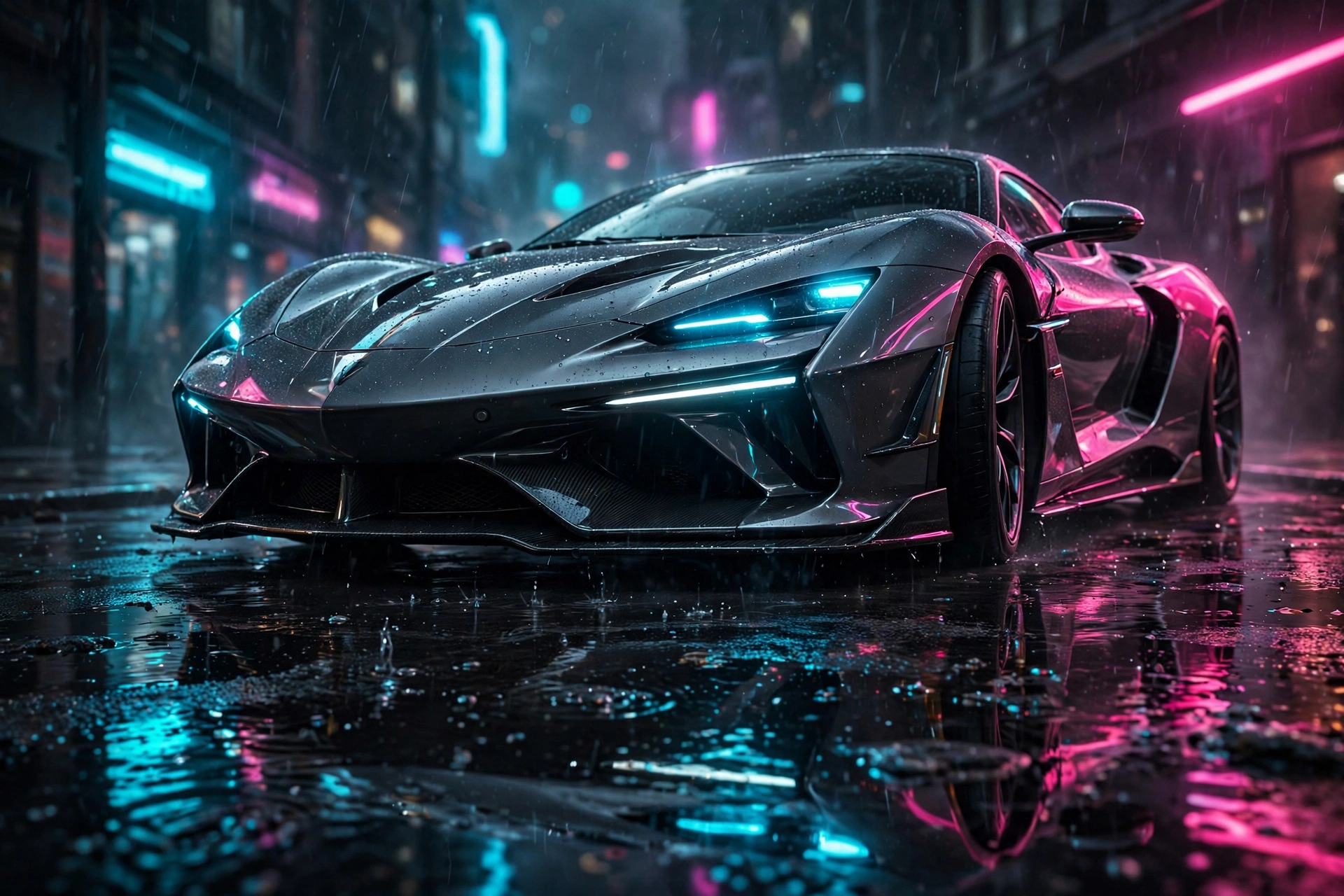 AI-generated cinematic photo of a sports car on a rain-wet neon street at night