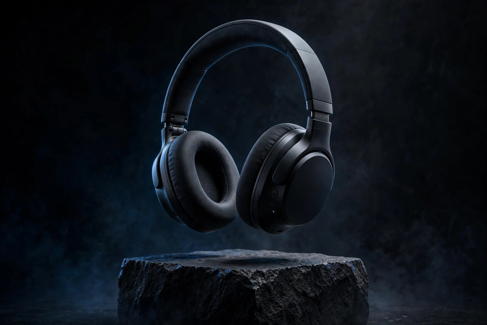 Matte black wireless headphones floating above a dark stone pedestal